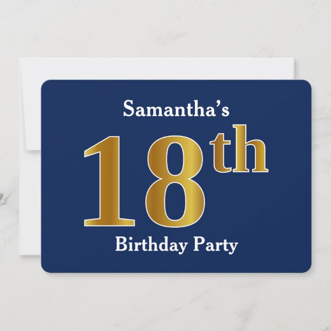Invitación Blue, Faux Gold 18th Birthday Party + Custom Name (Anverso)