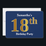 Invitación Blue, Faux Gold 18th Birthday Party   Custom Name<br><div class="desc">Este diseño de invitación presenta el número ordinal "18" con un aspecto falso dorado. También incluye un nombre personalizado y un fondo azul. Se podría usar para invitar a la gente a la fiesta de 18 años de alguien.</div>