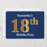 Invitación Blue, Faux Gold 18th Birthday Party   Custom Name<br><div class="desc">Este diseño de invitación presenta el número ordinal "18" con un aspecto falso dorado. También incluye un nombre personalizado y un fondo azul. Se podría usar para invitar a la gente a la fiesta de 18 años de alguien.</div>