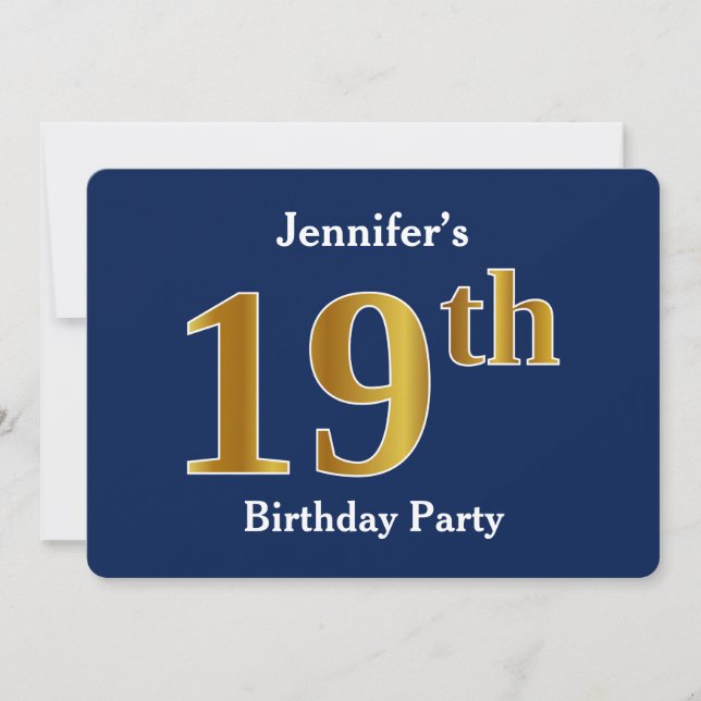 Invitación Blue, Faux Gold 19th Birthday Party + Custom Name (Anverso)