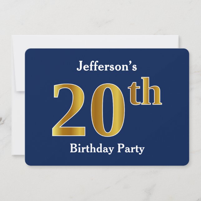 Invitación Blue, Faux Gold 20th Birthday Party + Custom Name (Anverso)