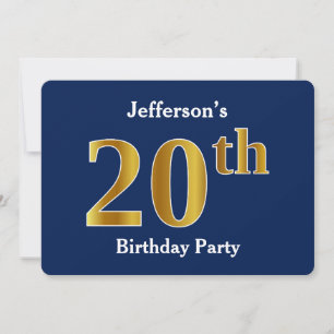 Invitación Blue, Faux Gold 20th Birthday Party + Custom Name