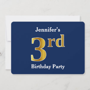 Invitación Blue, Faux Gold 3Birthday Fiesta + Custom Names