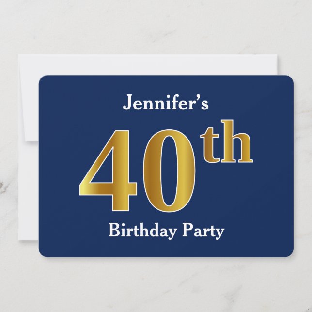 Invitación Blue, Faux Gold 40th Birthday Fiesta + Custom Name (Anverso)
