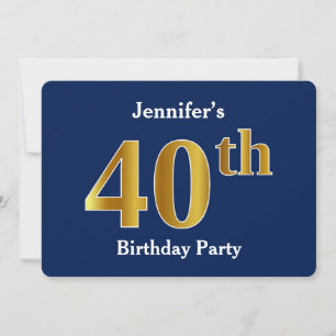 Invitación Blue, Faux Gold 40th Birthday Fiesta + Custom Name