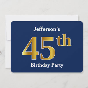 Invitación Blue, Faux Gold 45th Birthday Party + Custom Name