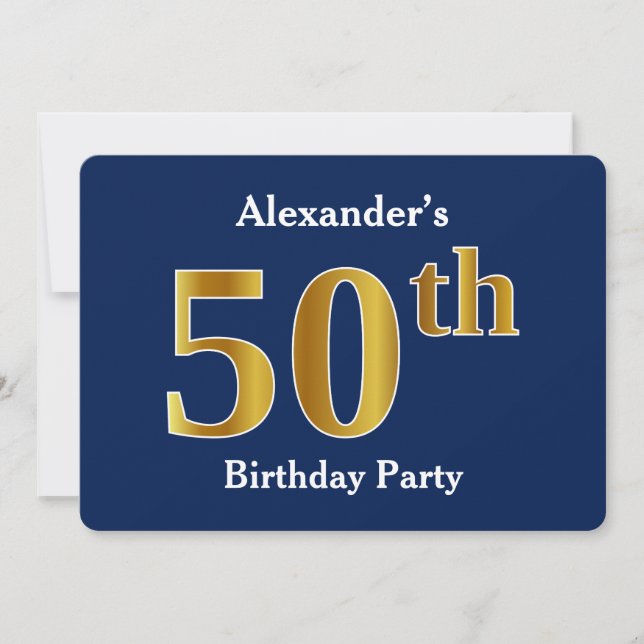 Invitación Blue, Faux Gold 50th Birthday Party + Custom Name (Anverso)