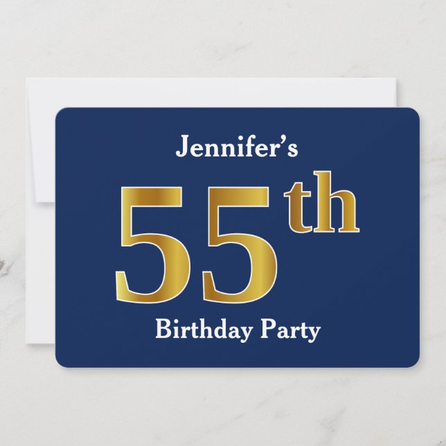 Invitación Blue, Faux Gold 55th Birthday Party + Custom Name (Anverso)