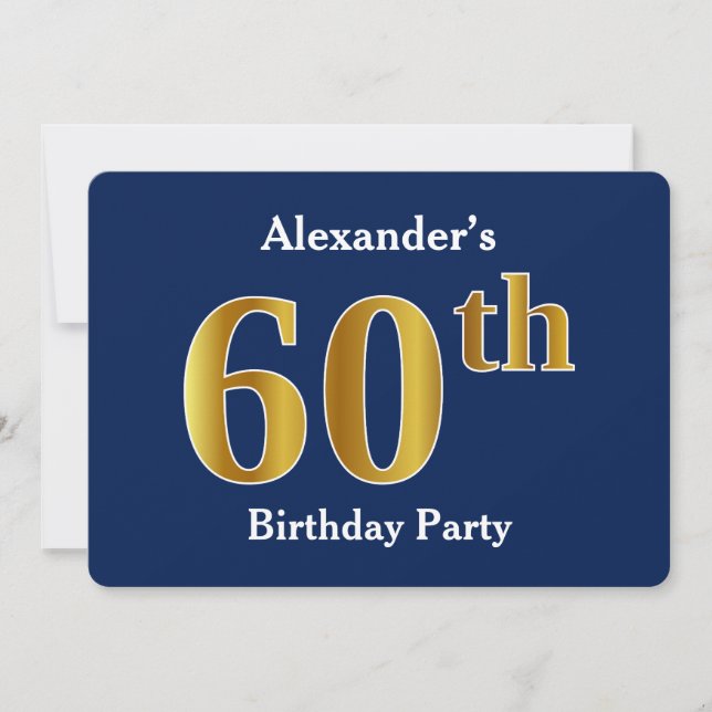 Invitación Blue, Faux Gold 60th Birthday Party + Custom Name (Anverso)