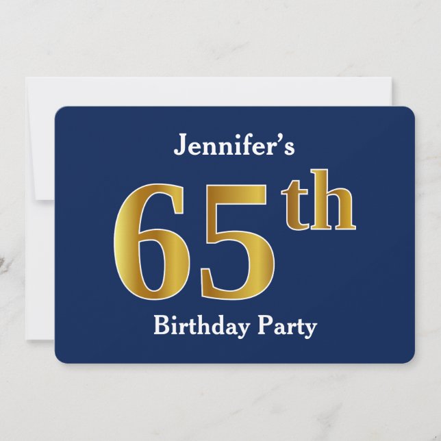 Invitación Blue, Faux Gold 65th Birthday Party + Custom Name (Anverso)