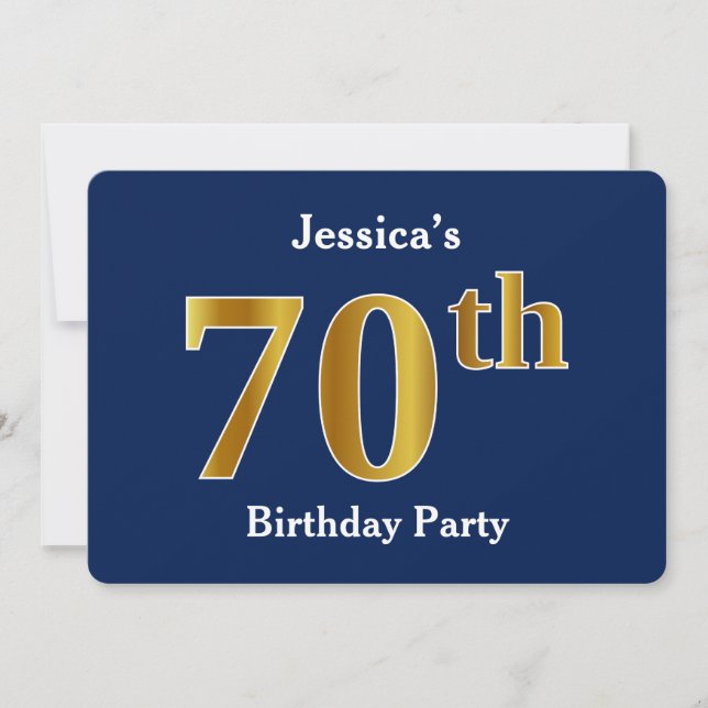 Invitación Blue, Faux Gold 70th Birthday Party + Custom Name (Anverso)