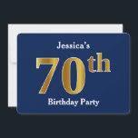 Invitación Blue, Faux Gold 70th Birthday Party   Custom Name<br><div class="desc">Este diseño de invitación presenta el número ordinal "70" con un aspecto falso dorado. También cuenta con un nombre personalizado y un fondo azul. Podría ser usado para invitar a la gente a la fiesta de cumpleaños setenta de alguien.</div>
