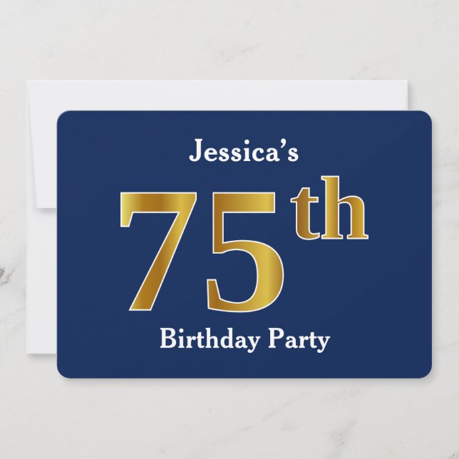 Invitación Blue, Faux Gold 75th Birthday Party + Custom Name (Anverso)