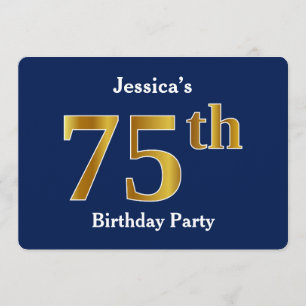 Invitación Blue, Faux Gold 75th Birthday Party + Custom Name