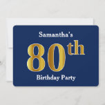 Invitación Blue, Faux Gold 80th Birthday Party   Custom Name<br><div class="desc">Este diseño de invitación presenta el número ordinal "80" con un aspecto falso dorado. También cuenta con un nombre personalizado y un fondo azul. Se podría usar para invitar a la gente a la fiesta de ochenta años de alguien.</div>