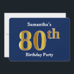Invitación Blue, Faux Gold 80th Birthday Party   Custom Name<br><div class="desc">Este diseño de invitación presenta el número ordinal "80" con un aspecto falso dorado. También cuenta con un nombre personalizado y un fondo azul. Se podría usar para invitar a la gente a la fiesta de ochenta años de alguien.</div>