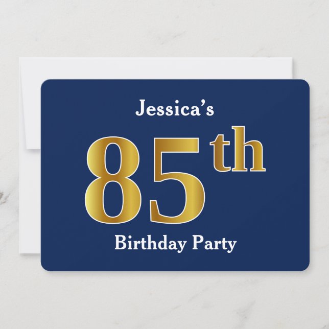 Invitación Blue, Faux Gold 85th Birthday Party + Custom Name (Anverso)