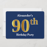 Invitación Blue, Faux Gold 90th Birthday Party   Custom Name<br><div class="desc">Este diseño de invitación presenta el número ordinal "90" con un aspecto falso dorado. También incluye un nombre personalizado y un fondo azul. Se podría usar para invitar a la gente a la fiesta de cumpleaños número noventa de alguien.</div>