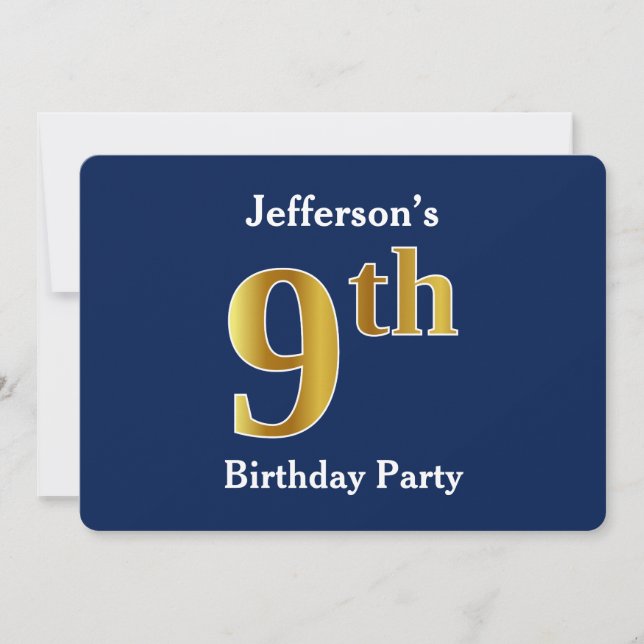 Invitación Blue, Faux Gold Novena fiesta de cumpleaños + Nomb (Anverso)