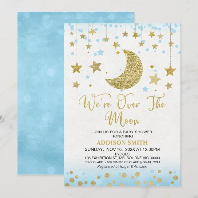 Invitación Blue Faux Gold Purpurina sobre la Luna Baby Shower (Anverso / Reverso)