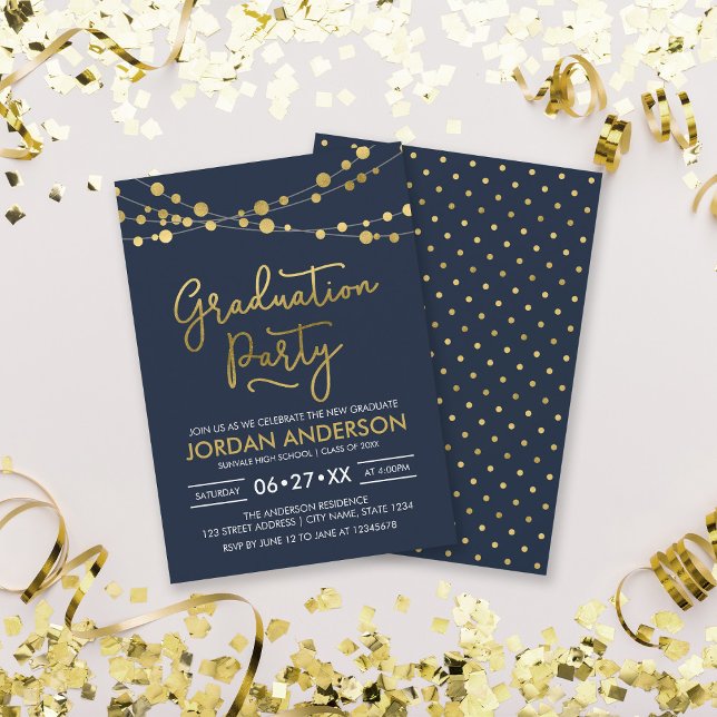 Invitación Blue Faux Gold Strings of Lights Graduation Party (Subido por el creador)