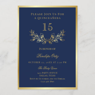 Invitación Blue Faux Gold Wreath Quinceañera