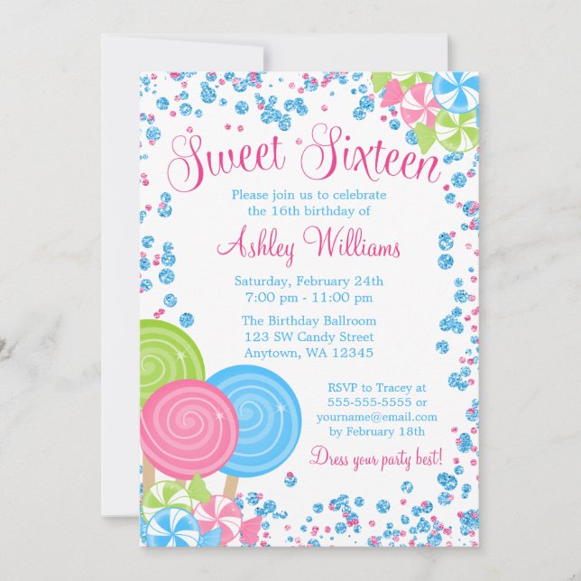 Invitación Blue Faux Purpurina Candy Theme Sweet 16 (Anverso)