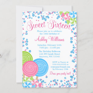 Invitación Blue Faux Purpurina Candy Theme Sweet 16