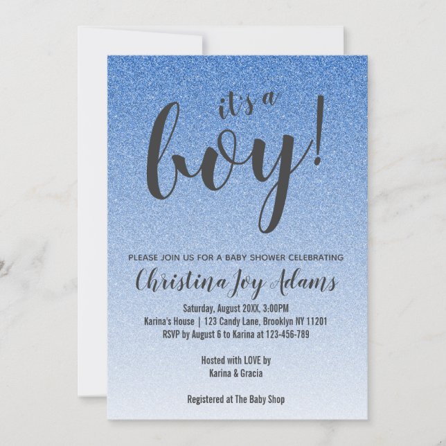 Invitación Blue Faux Purpurina Gold Ombre Boy Baby Shower Car (Anverso)