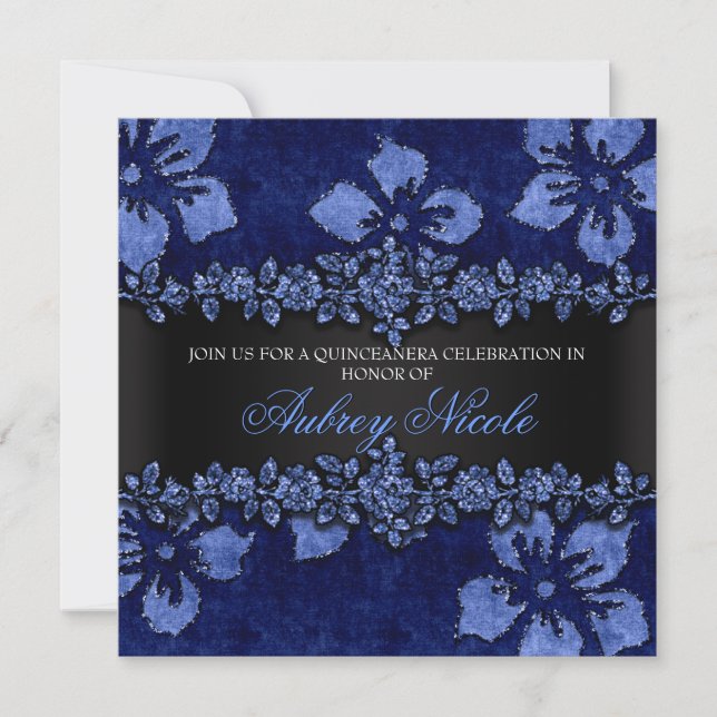 Invitación Blue Faux Purpurina y Velvet Floral Quinceanera (Anverso)