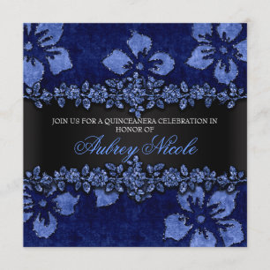 Invitación Blue Faux Purpurina y Velvet Floral Quinceanera