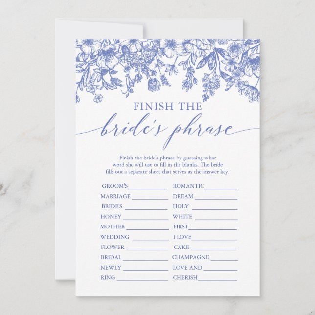 Invitación Blue Finish the Bride's Phrase Bridal Shower Game (Anverso)