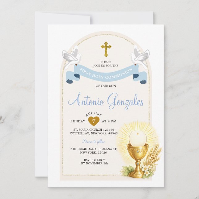 Invitación Blue First Holy Communion Invitation (Anverso)