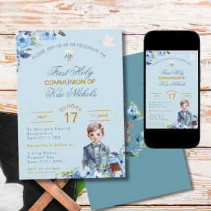 Invitación Blue First Holy Communition Invitation Chalice Boy
