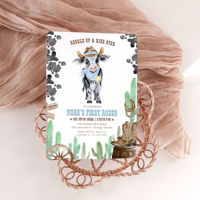Invitación Blue First Rodeo 1st Birthday Invitation, Boy Cow  (Subido por el creador)