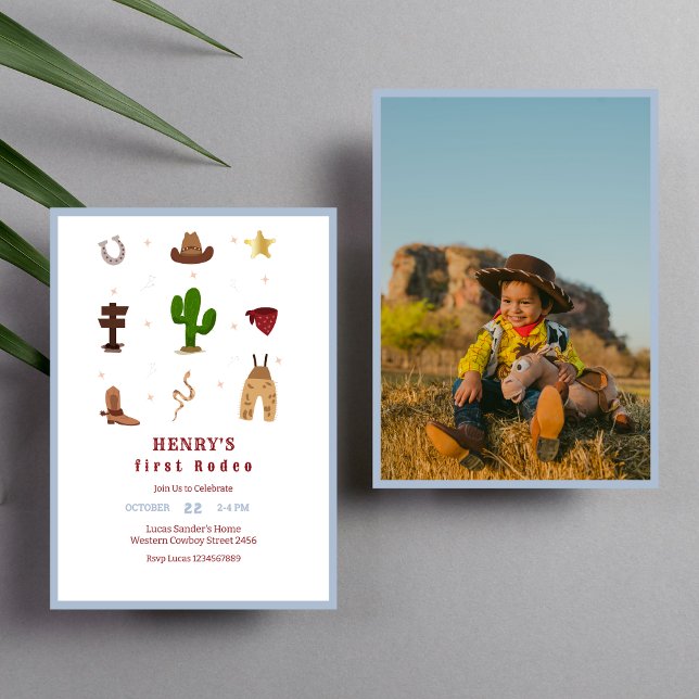 Invitación Blue First Rodeo Cowboy Kids Birday Photo (Subido por el creador)