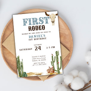 Invitación Blue First Rodeo Western Cowboy Primer cumpleaños