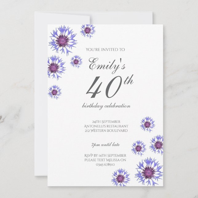 Invitación Blue Floral 40th Birthday Party Invitation (Anverso)