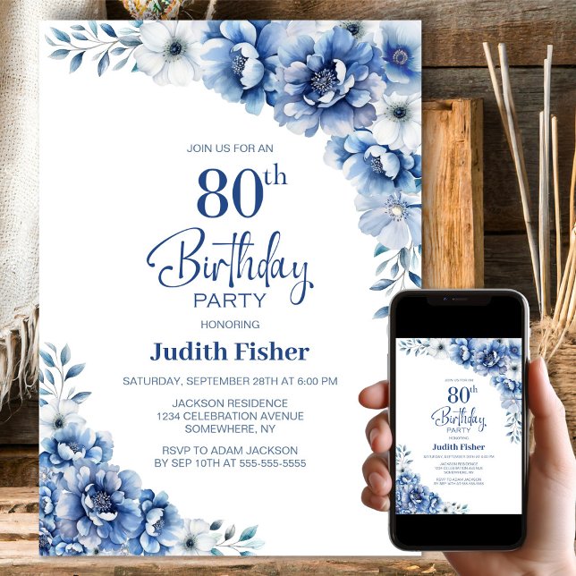 Invitación Blue Floral 80 cumpleaños (Subido por el creador)