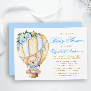 Invitación Blue Floral Air Balloon Teddy Bear Baby Shower
