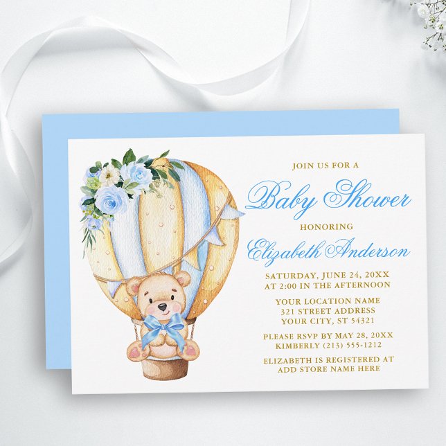 Invitación Blue Floral Air Balloon Teddy Bear Baby Shower (Customize to change text color, size, style or to change color of back of card.)