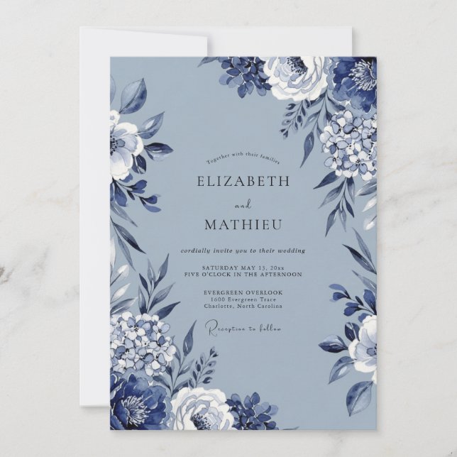 Invitación Blue Floral Artistic Flourish Wedding (Anverso)