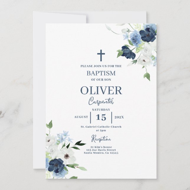 Invitación Blue Floral Baptism Boy (Anverso)