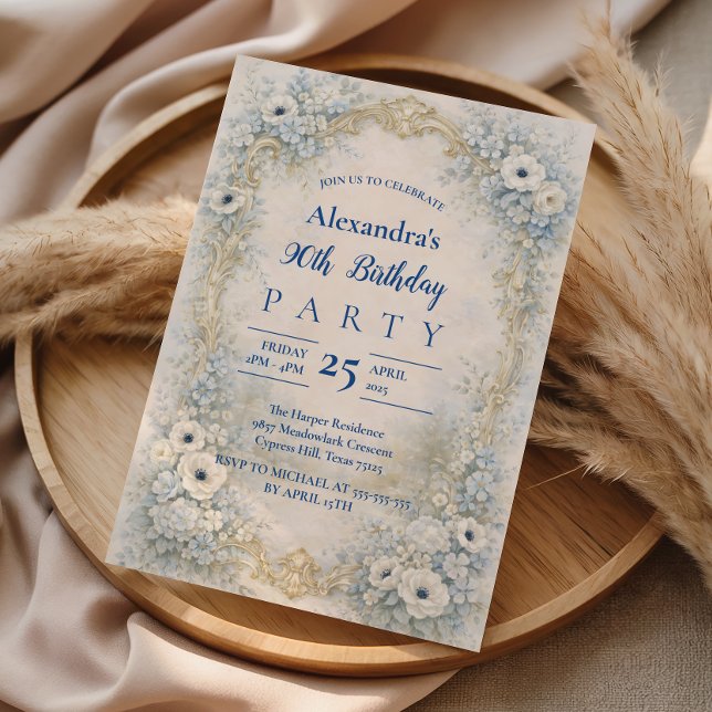 Invitación Blue Floral Baroque Frame 90th Birthday (Subido por el creador)