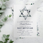 Invitación Blue Floral Bat Mitzvah<br><div class="desc">Elegante invitación a la celebración de mitzvah con un sencillo fondo blanco que se puede cambiar a cualquier color,  una estrella floral de color azul acuático de david y una plantilla moderna de mitzvah murciélago que es fácil de personalizar.</div>