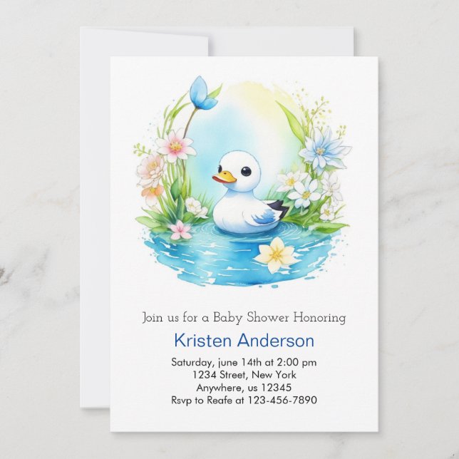 Invitación Blue Floral Blissful Duck Boy Baby Shower (Anverso)