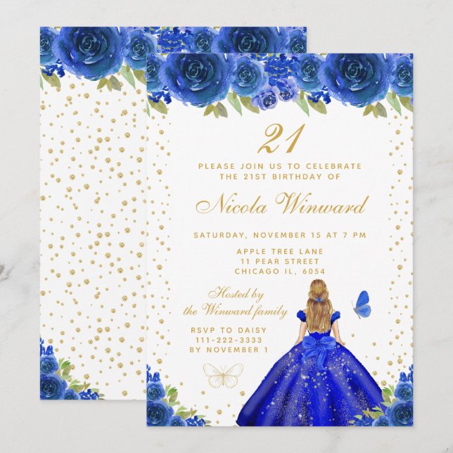 Invitación Blue Floral Blonde Hair Princess Birthday Party (Anverso / Reverso)