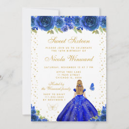 Invitación Blue Floral Blonde Hair Princess Sweet Sixteen