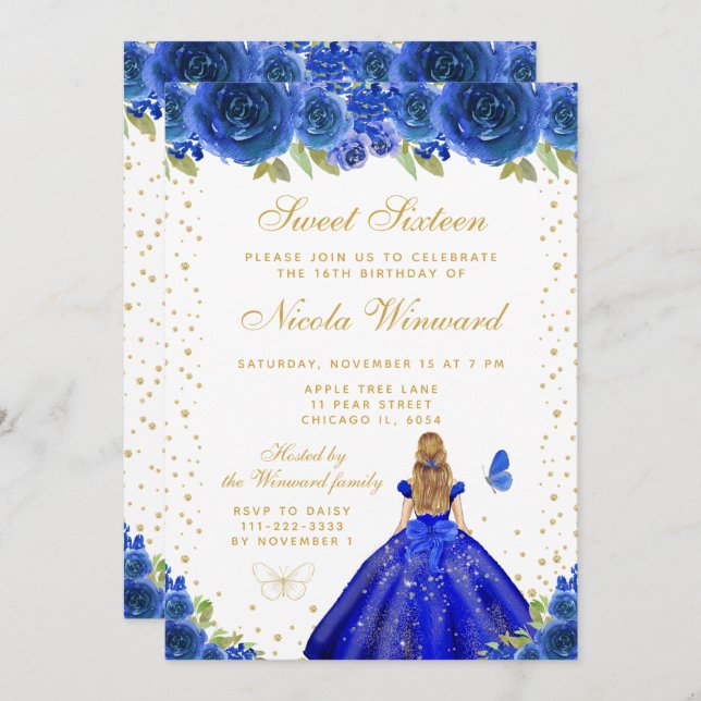 Invitación Blue Floral Blonde Hair Princess Sweet Sixteen (Anverso / Reverso)