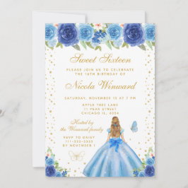 Invitación Blue Floral Blonde Hair Princess Sweet Sixteen